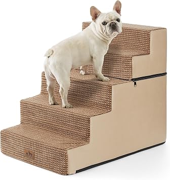 COZY KISS Dog Stairs with Detachable Zipper, 19.7" Extra Wide Right-Angle Pet Stairs for Bed, Anti-Slip Dog Steps for Lowrider and Elderly Cats with Support Board, 19.7x29.5x23.6 inch, Light Brown