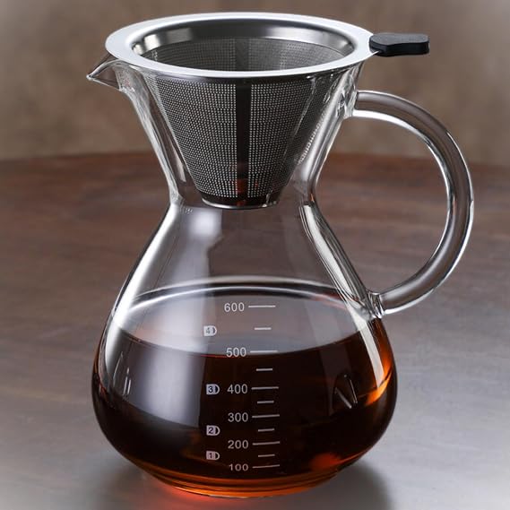 Pour Over Coffee Maker - 20 Oz 600ml Borosilicate Glass Carafe - Reusable Stainless Steel Filter Paperless Dripper - For Home & Office & Resteraunt & Camping
