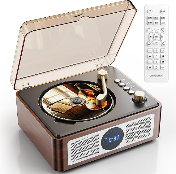 Portable CD Player Bluetooth with Speakers - Lehwey Retro Vertical CD Player with LED Screen & Timer, Built-in Speakers for Home, Remote Control, Support USB/AUX/FM Radio/Repeat, Vintage Gift for Kids