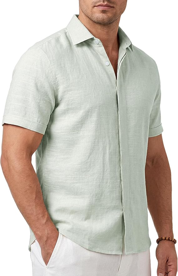 Linen Mens Shirts Short Sleeve Casual Cotton Blend Relax Fit Button Down Shirt Lightweight Beach Summer Vacation Shirt