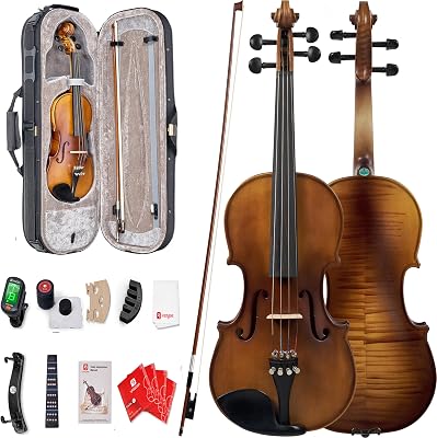 Vangoa Violin 44 Full Set Size, Fiddle Solid Spruce Wood Tiger Pattern for Professional Advanced Intermediate Beginners Adults Student Starter Acoustic Violins Kit Outfit Ebony Fittings, Hard Case