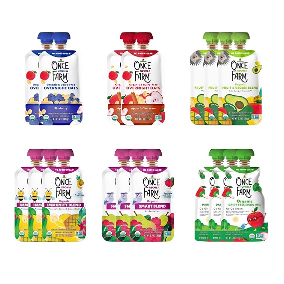 Once Upon a Farm Pouches, All Day Snacks Variety Pack, Blueberry, Apple, Pineapple, Raspberry, Avocado, USDA Certified Organic, Non-GMO, Cold-Pressure Protected, No Sugar Added, Variety Pack of 16