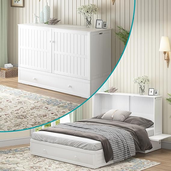 BALUS Queen Murphy Bed with Mattress Included, Murphy Cabinet Beds with Mattress & USB Charging Station, Folding Night Stand Trays and Storage Drawer/Easy Assembly/Space Saving- White