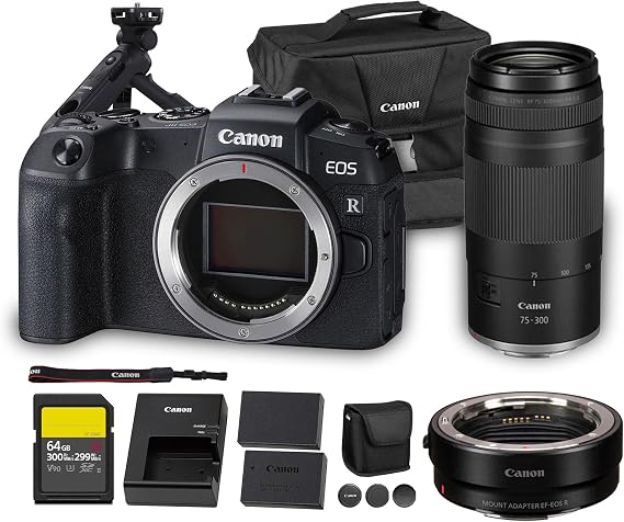 Canon EOS RP Mirrorless Camera|26.2MP Full Frame Sensor|4K Video Recording Lightweight Compact Camera for Travel and Everyday Content Creation (3380C002) + Canon RF 75-300mm Lens + Tripod Grip + More