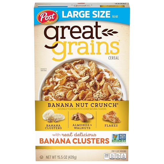Great Grains Banana Nut Crunch Breakfast Cereal, 15.5 oz Box | Crunchy Clusters Paired with Sweet Fruit and Whole Grains, Contains No Artificial Flavors or Synthetic Colors