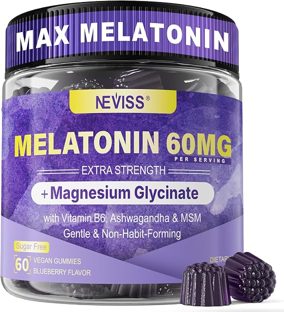 Melatonin Gummies 60mg 30mg for 50+ Adults, High Dose, Extra Strength, 60Ct | With Magnesium Glycinate, Vitamin B6, Ashwagandha & MSM, Non-Habit