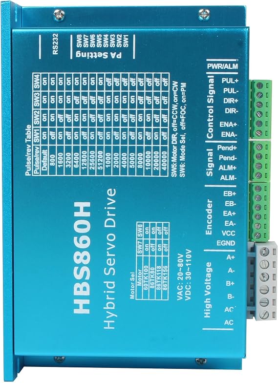 CNCTOPBAOS HBS860H Digital Stepper Motor Driver 8A for Nema34 Closed Loop | 30-110V DC or 24-80V AC Input, 400-51200 Micro-step, Single/Double Pulse, RS232 Fits Nema34 Closed-loop Stepper Servo Motor