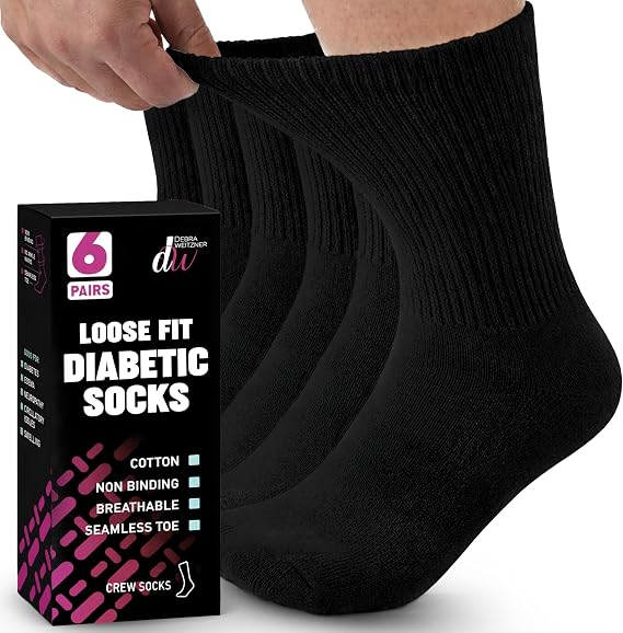 Debra Weitzner Diabetic Socks For Men and Women Loose Fit Non-Binding Cotton Crew Socks 6 Pairs