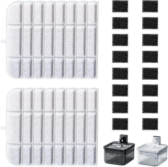 16 Packs Replacement Filters Compatible with Downy Paws Cat Water Fountain - Triple Filtration Filters for DownyPaws 84oz/2.5L Wireless Pet Fountain DPWFP6 (16 Filters & 16 Sponges)