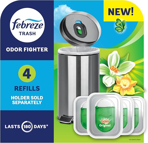 Febreze Trash Odor Fighter, Trash Can Air Freshener, Stick-On Deodorizer for Garbage Cans, Diaper Pails, Works with Scented Trash Bags, Gain Original Scent, 4 Refills (Holder Sold Separately)