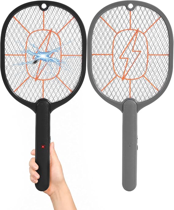 Electric Fly Swatter 2 Pack (Black & Gray), High-Voltage Bug Zapper Racket for Mosquitoes & Flies, Safe Protective Mesh, Indoor/Outdoor AA Batteries Required, Not Included