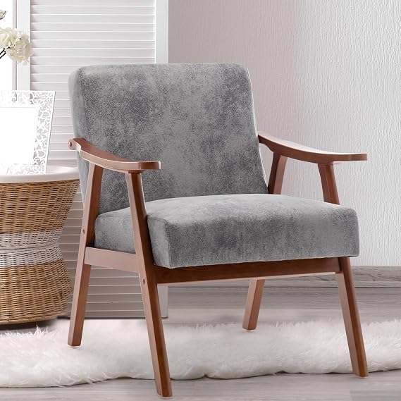 Accent Chair, Living Room Chairs with Extra-Thick Backrest, Lounge Accent Chair with Solid Wood Frame, Comfy Tech Cloth Vanity Chair Armchair for Bedroom, Reading Room, Office, Grey
