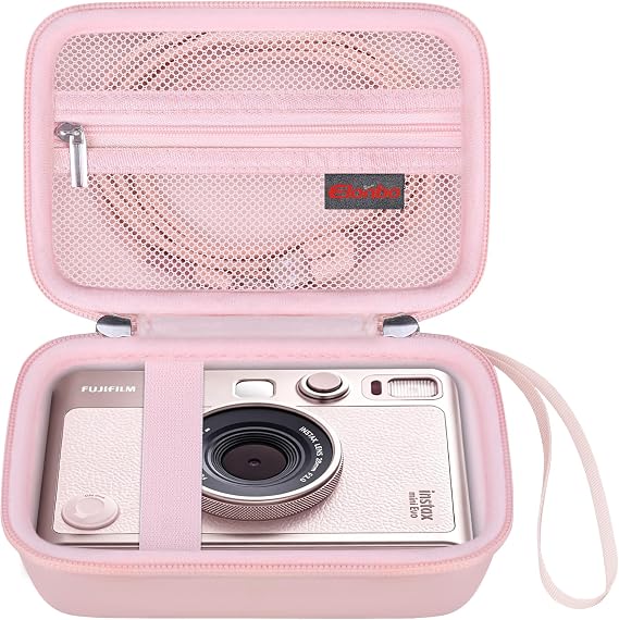 Elonbo Camera Carrying Case Compatible with Fujifilm Instax Mini EVO Instant Camera, Camera Lens Cover Photo Printer Travel Protective Storage Holder,Mesh Pocket Fits Film Charger,Pink+Inside Pink