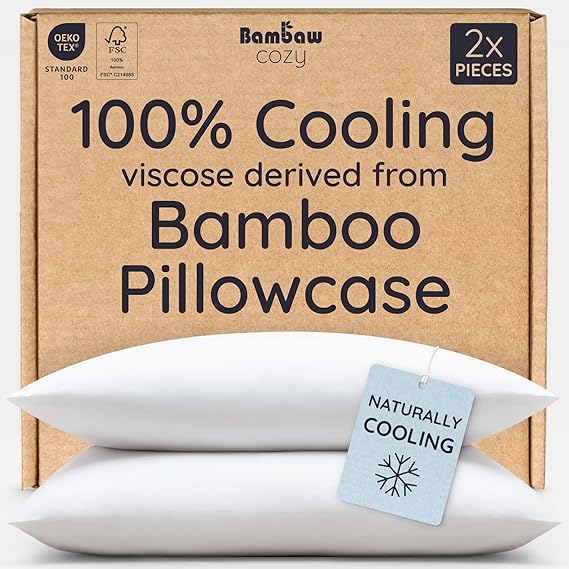 Bambaw 100% Viscose Derived from Bamboo Pillowcase Standard Size Set of 2 Cooling Pillow Cases for Hot Sleepers, Breathable & Good for the Skin, Cooling Pillow Cover with Envelope Closure (White)