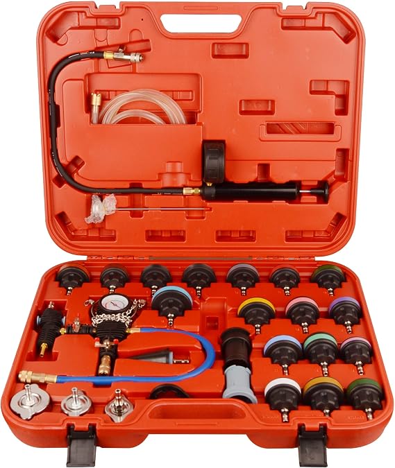 DAYUAN 28Pcs Universal Radiator Pressure Tester Kit Coolant Pressure Tester | Coolant Vacuum Refill Kit,Red Case, for Cooling Systems, 0-35 PSI Test Range,Detects Engine Leaks,Fits Most Vehicles