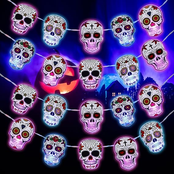 Ganeen 20 Halloween Sugar Skull LED String Lights Battery Operated