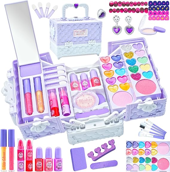 Makeup Kit for Girls - Safe and Washable Kids Makeup Kit Real Girls Makeup Kit Makeup Kit for Toddlers with Cosmetic Case 4-12 Years Old Girls Toys Princess Toys Birthday Gift for Girls Light Purple