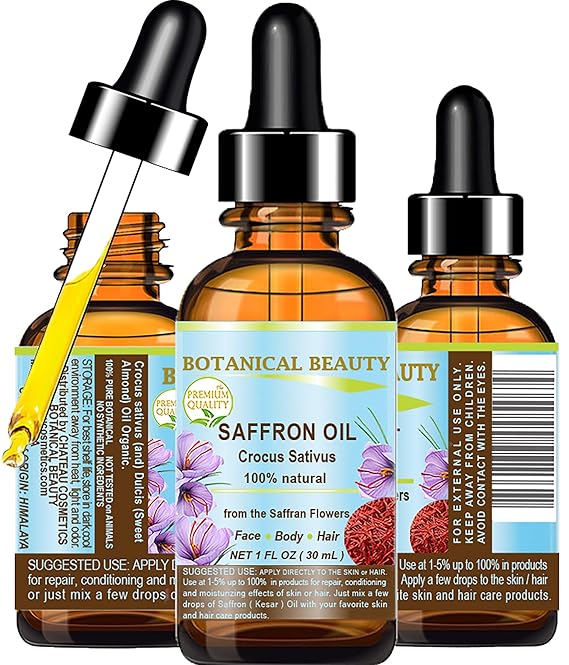 SAFFRON OIL KESAR Crocus Sativus 100% Natural for Face, Skin, Body, Hair, Nail Care 1 Fl. oz.- 30 ml Beauty Oil by Botanical Beauty