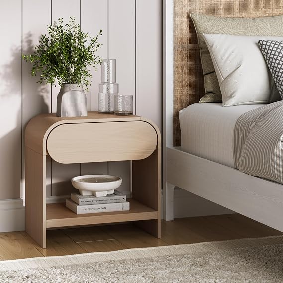 Nathan James Iris Mid-Century Modern Nightstand with Drawer, End Table with Storage for Bedroom or Living Room with Rounded Silhouette, Light Oak