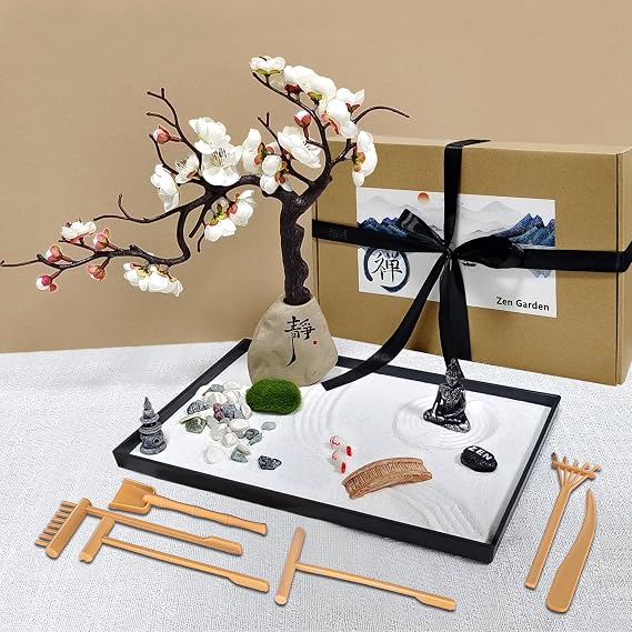Japanese Zen Garden Kit, Mini Zen Garden Home Decoration, Zen Sand, Mini Sand Rock Ornament, Meditation Accessories and Gift, Japanese Garden Ornaments