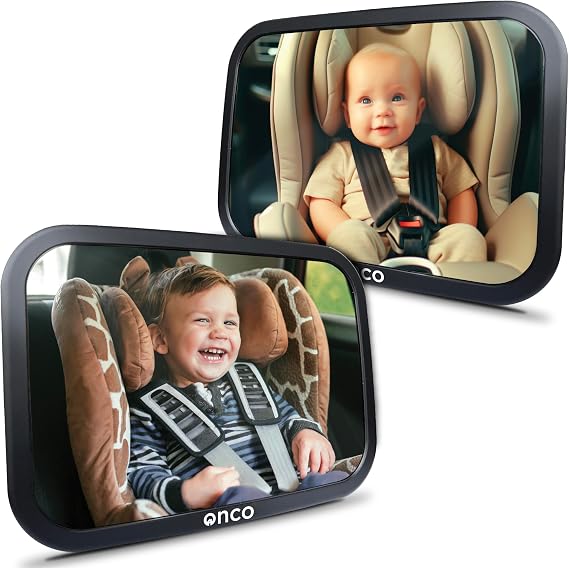 Onco Baby Car Mirror - Award-Winning, Shatterproof & Shakeproof [2 Pack] | Easily monitor your rear-facing baby with these premium, non-slip back seat mirrors featuring 360° rotation.