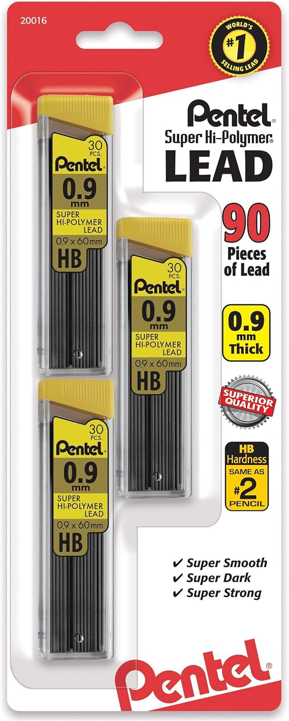 Pentel Super Hi-Polymer Lead Refills, (0.9 mm), Thick, HB, Pack of 3, 90 Pieces of Lead (C29BPHB3)