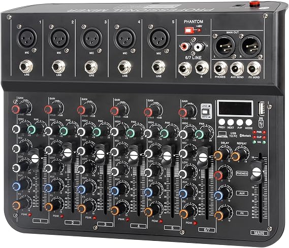 7 Channel Mixer Dj Mixers Audio Mixer Usb Sounds Mixing Board Music Mixers with FX Reverb Delay Effect