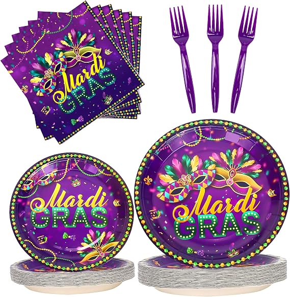 96 PCS Mardi Gras Party Tableware Set,Disposable Mardi Gras Party Carnival Supplies Purple Paper Plates Napkins Forks Mask Plate for Mardi Gras New Orleans Masquerade,24 Guests