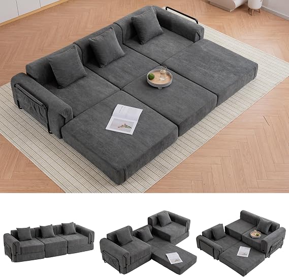 KIVENJAJA 98.8" Convertible Sectional Folding Sofa Bed, Comfy Compressed Sofa with 3 Pillows & Side Pocket, Modern Modular Floor Couch with Fixed-Shape Frame, 3 Seater Couch for Living Room