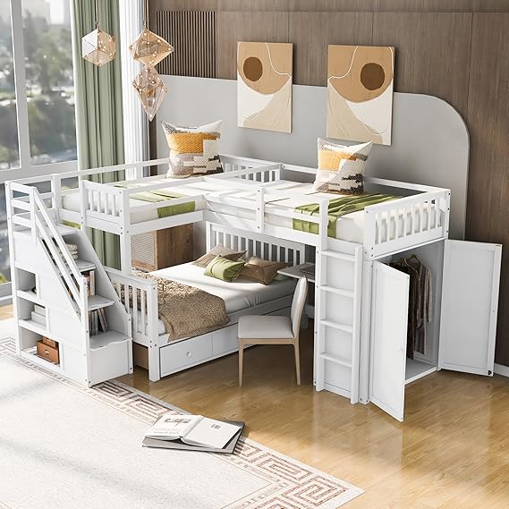 Flieks Twin-Twin Over Full L-Shaped Bunk Bed Frame for Boys Girls Kids Adults Toddler with 3 Drawers, Portable Desk and Wardrobe, White