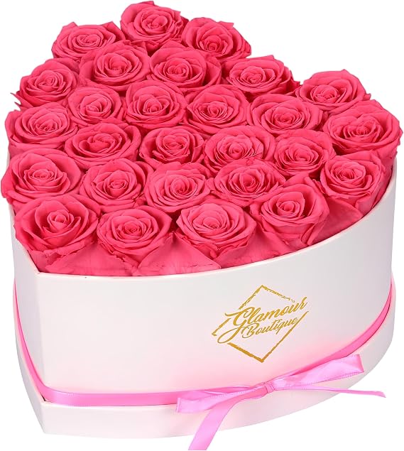 GLAMOUR BOUTIQUE Preserved Roses in a Box - Gifts for Her, Wife & Mom, Rose Flowers Forever Decor for Birthday Gift, Get Well Flower Bouquet Cased in White Box with Cover - Pink - 27 (Color-Treated)