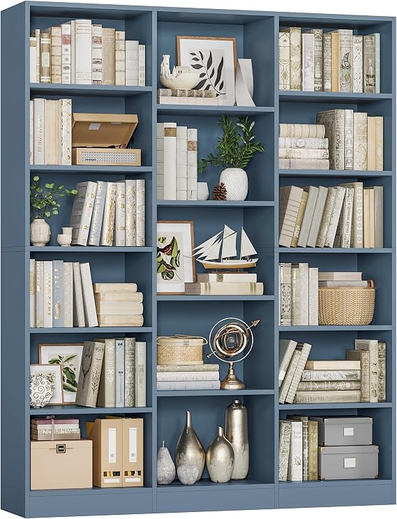 FACBOTALL Triple Wide Bookshelf, Large Bookshelf with 17 Display Shelves | 74'' Tall Bookcases and Bookshelves, 58.7'' Extra Wide Book Shelves, 5/6 Tier Shelves for Living Room, Office, Library, Blue