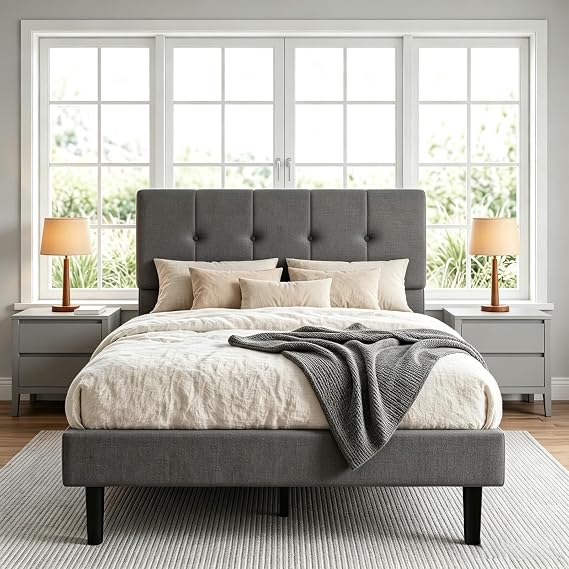 Twin Bed Frame, Completed Linen Upholstered Headboard, Dark Gray | Fully Upholstered Mattress Foundation Bedframe, No Box Spring Needed, Wooden Slats Support, Noise Free, Easy Assembly