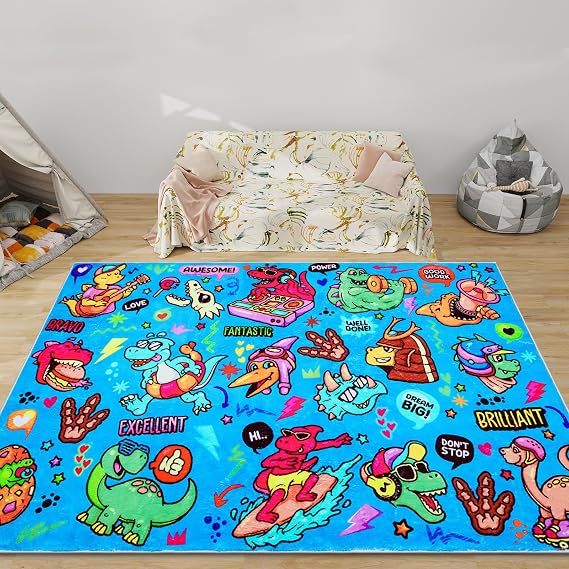 Dinosaur Graffiti Kids Rug 59"39.4" Cozy Colorful Children's Play Mat with Words of Encouragement Cartoon Dinos Design Skin-Friendly Soft Play Rug Perfect for Bedroom Playroom Room Blue