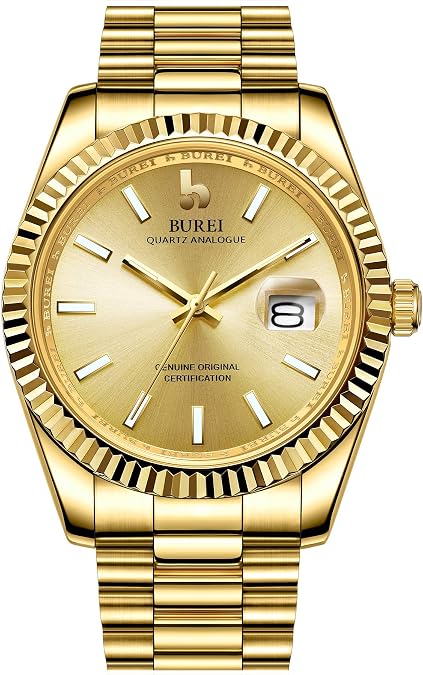 BUREI Mens Watches Luxury Stainless Steel Analog Quartz Waterproof Wristwatch Sapphire Crystal Dial with Calendar Display,Gift for Men