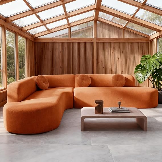 Curved Modular Sectional Sofa - 122" Extra Large 5-Seater with High Resilience Foam & Soft Chenille Upholstery, 2-Piece Floor Couch with Round Cushions, No Assembly Orange Living Room Furniture Sets
