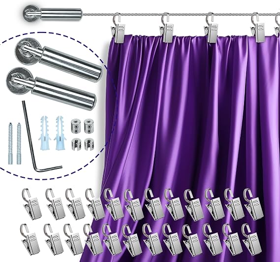 16.4 FT (5m) Adjustable Indoor Outdoor Wire Curtain Rod Room Divider Hanging System with 24 Clips Wire Hanging System, Clothesline Clothes Hanger Kids Craft Art Decoration on Walls