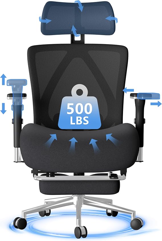 500lb Big & Tall Office Chair with Footrest Ergonomic Mesh Office Chair with Thick Wide Cushion 4D Armrest, Adjustable Lumbar Support & Headrest High Back Computer Desk Chair for Home Black
