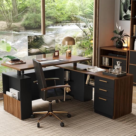 ModernMate 63 Standing Desk with File Cabinet, Privacy Panel, ACUSB, 1.18 Desktop, Executive L Shaped Height Adjustable Electric Stand Up Desk, Home Office Table with 3 Drawers, Black Walnut