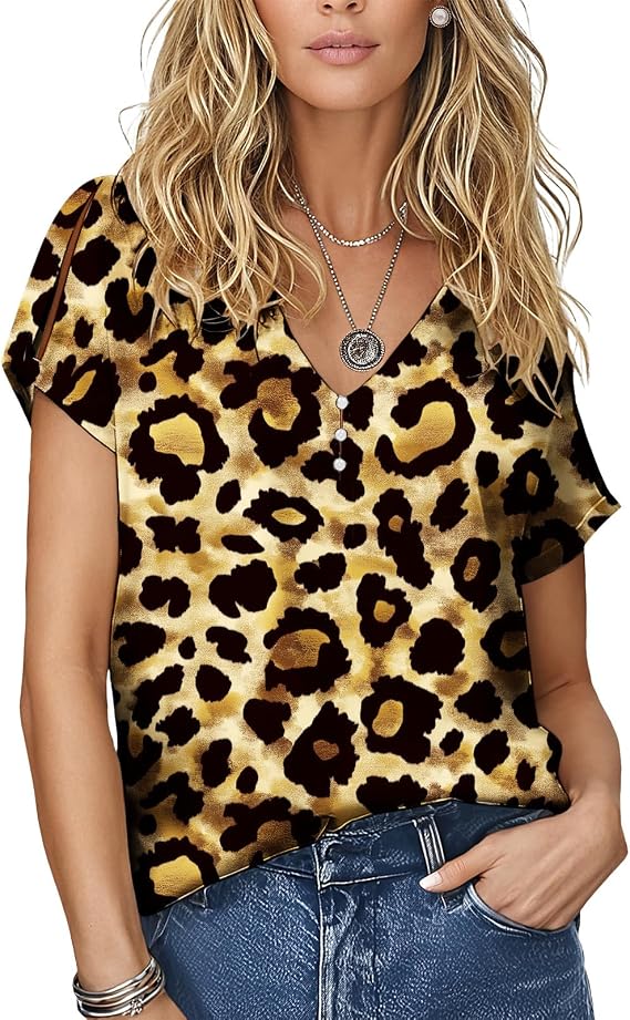Animal Print Shirt for Women Summer Fashion Casual Button V Neck Short Sleeve Tops Loose Fit Lightweight Blouse