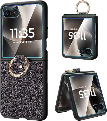 Caka Bling Case for Motorola Moto Razr Ultra & Razr Plus 2026/2025 Case, with Finger Ring Holder & Built-in Screen Protector, Slim Thin Sparkle Shiny Protective Phone Cover - Black