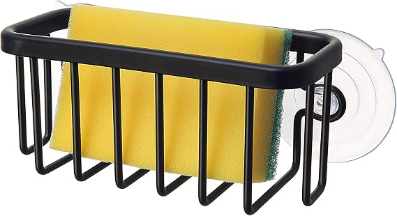 SunnyPoint NeverRust Kitchen & Bathroom Sink Caddy for Sponges, Scrubbers, Soap, 6" x 2.5" x 2.65", with Adhesive Mount - Additional Suction Cup Included Aluminum (Black)