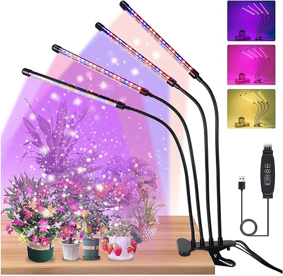 Grow Lights for Indoor Plants,4 Heads Full Spectrum Grow Light,80 LED Plant Light,360° Flexible Gooseneck with 10 Dimming Level & 3 Lighting Modes,Timer Plant Light for Plants Growth LED Lantern [Energy Class A+]