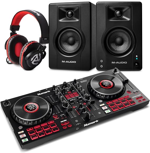 Numark Mixtrack Platinum FX DJ Controller and M-AUDIO BX4 Pair Bluetooth Studio Monitors with Headphones for Studio Recording, Music Production, Podcasting, Streaming