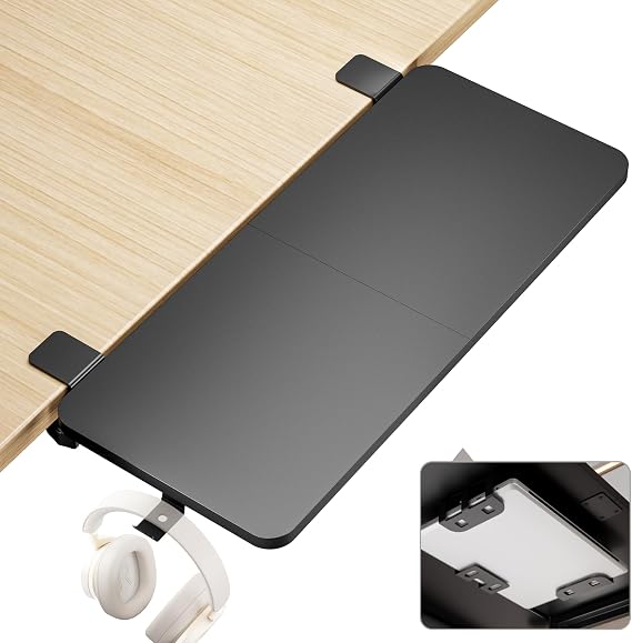 PEGZONE Desk Extender Tray, 28" x 12", with Laptop Holder, Large, Black | Desk Extension, Clamp on Desk Shelf, Clamp On Keyboard Tray for Office and Home, Workstation Organizer
