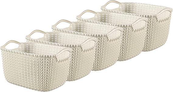 Curver Knit Effect Set of 5 Kitchen, Living room, Bathroom, Bedroom, Utility Rectangular Small Storage Basket 8 Litres - Oasis White
