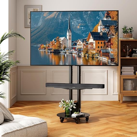 CABTE Rolling TV Stand,Heavy Duty Mobile TV Stand with Storage Shelf | Height Adjustable Mount with Locking Casters for 32-75 Inch TVs, Fits VESA 600x400 and Max 180LBS