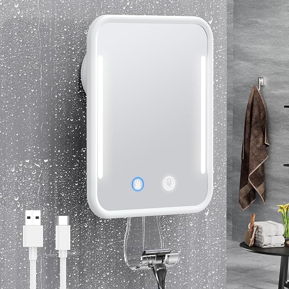 Gospire Heated Shaving Mirror for Shower Fogless with Light (White) | Rechargeable Battery, Adjustable Brightness, Suction Cup, Razor Holder, Removable, NO-Drilling, Waterproof for Bathroom