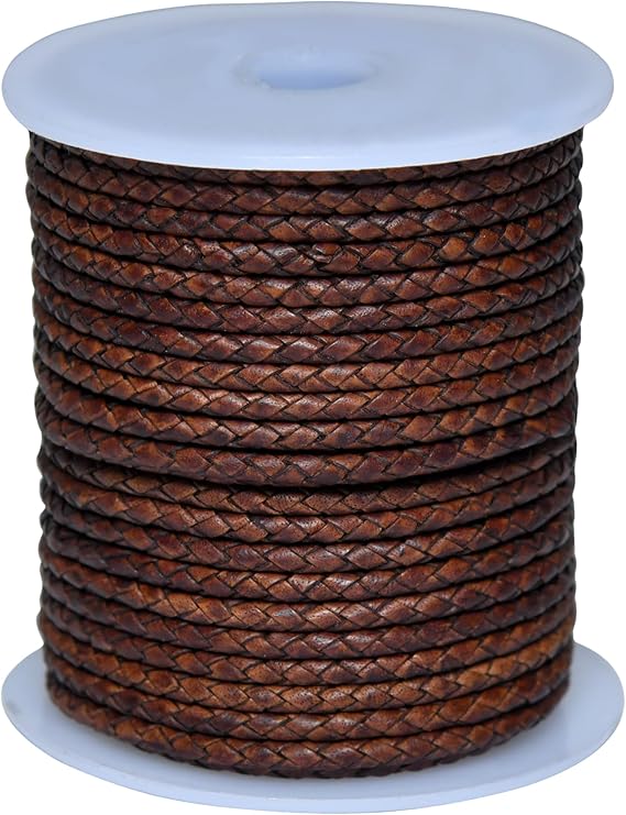 Round Braided Genuine Leather String Bolo Cord, Rope for Jewelry Making, Necklaces, Bracelets, Wraps, Crafts and Hobby Projects (Distressed Dark Brown, 3 MM 5.46 Yards = 5 MTR Spool)