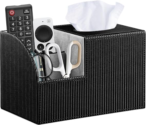 Square Tissue Box Cover with Storage, PU Leather Facial Cube Tissue Holder